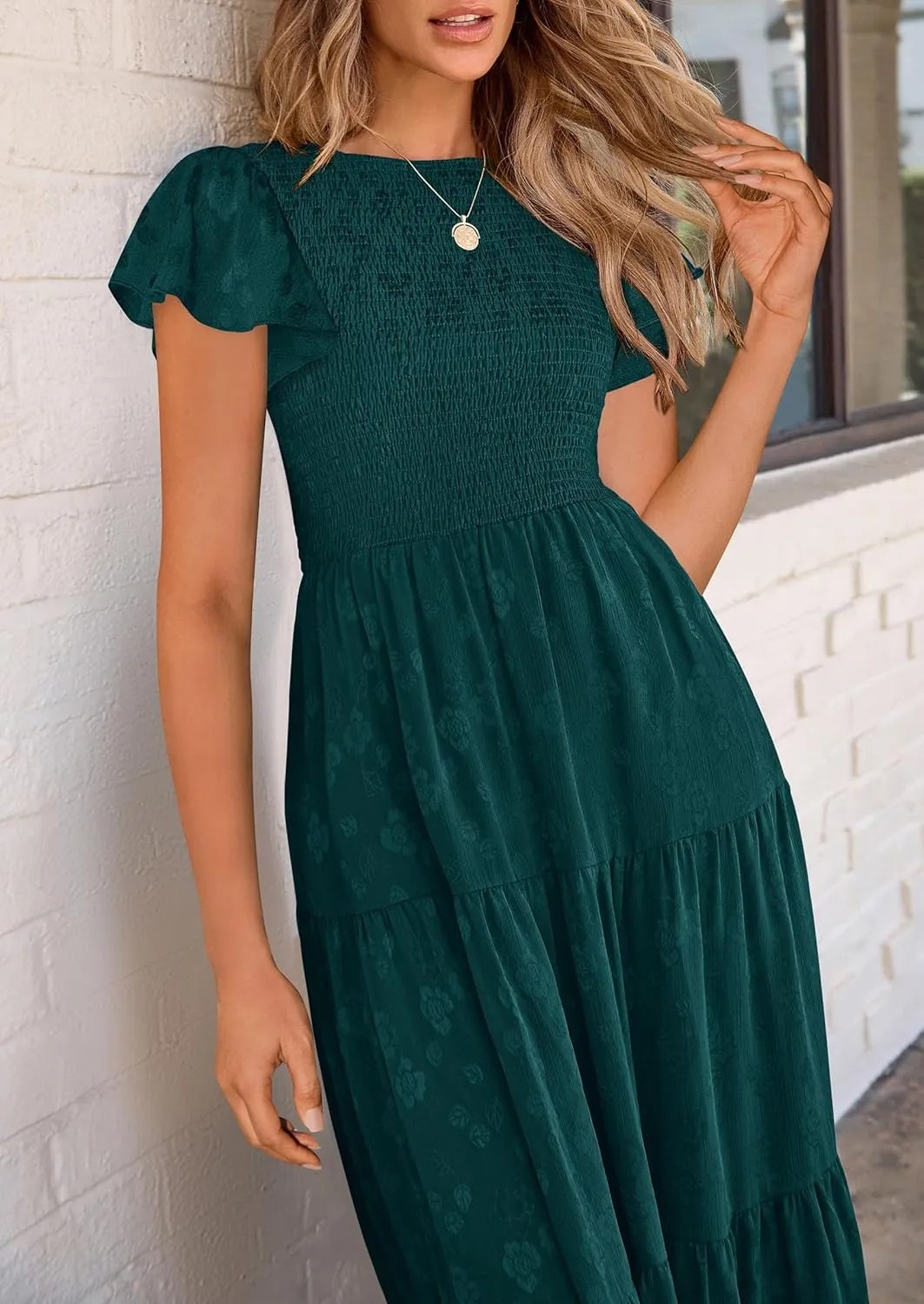 PRETTYGARDEN Midi Dress for Women 2025 Summer Floral Cap Sleeve Smocked Ruffle A Line Long Flowy Wedding Guest Dresses
