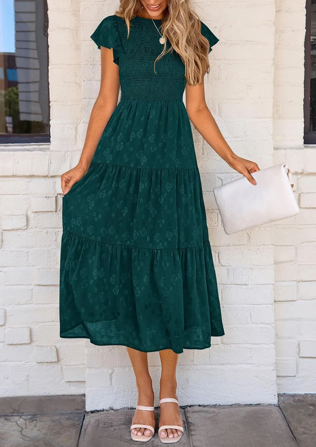 PRETTYGARDEN Midi Dress for Women 2025 Summer Floral Cap Sleeve Smocked Ruffle A Line Long Flowy Wedding Guest Dresses