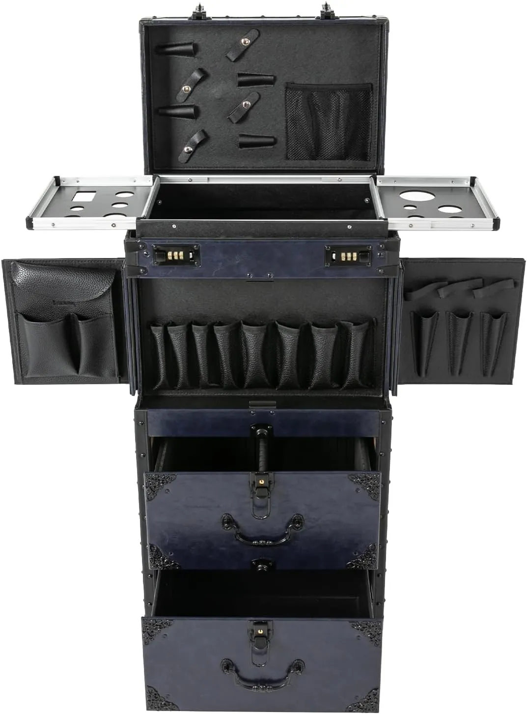 Professional Makeup Rolling Train Case, Lockable Makeup Artist Cosmetic Train Case, Salon Barber Case Traveling Cart Trunk, Large Capacity Cosmetic Trolley with Wheels & Handle (Blue)