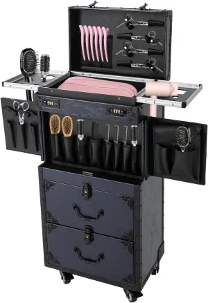 Professional Makeup Rolling Train Case, Lockable Makeup Artist Cosmetic Train Case, Salon Barber Case Traveling Cart Trunk, Large Capacity Cosmetic Trolley with Wheels & Handle (Blue)