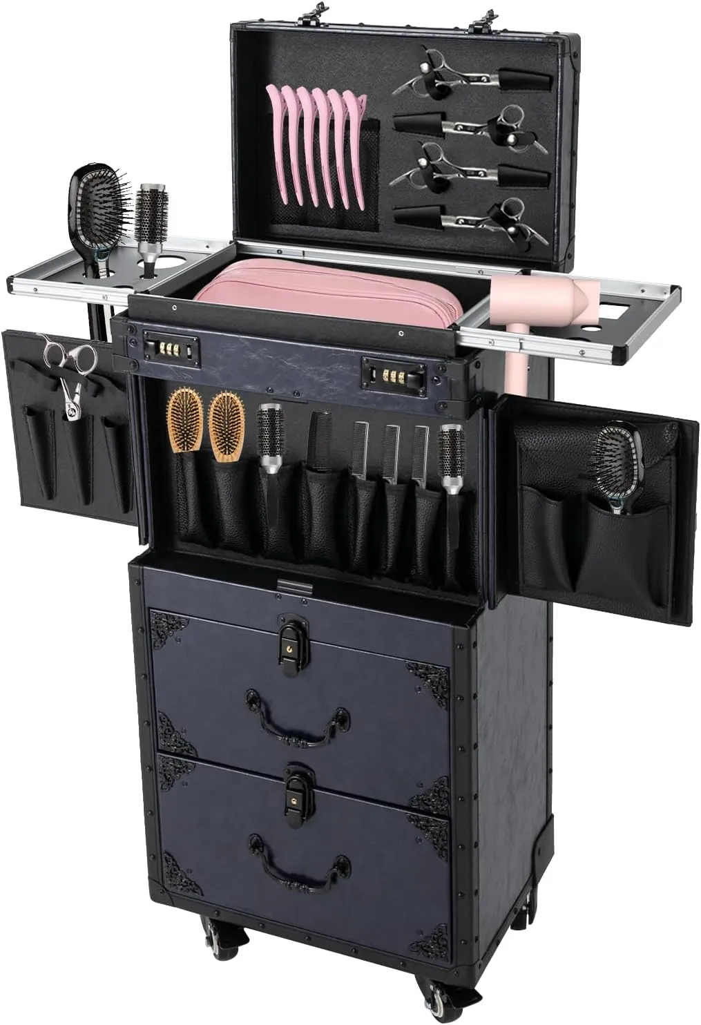 Professional Makeup Rolling Train Case, Lockable Makeup Artist Cosmetic Train Case, Salon Barber Case Traveling Cart Trunk, Large Capacity Cosmetic Trolley with Wheels & Handle (Blue)
