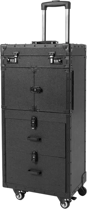 Professional Rolling Makeup Train Case Large Storage Cosmetic Hairdressing Trolley Cosmetology Train Case Lockable Beauty Salon Cosmetic Luggage Organizer Tool Box (Black)