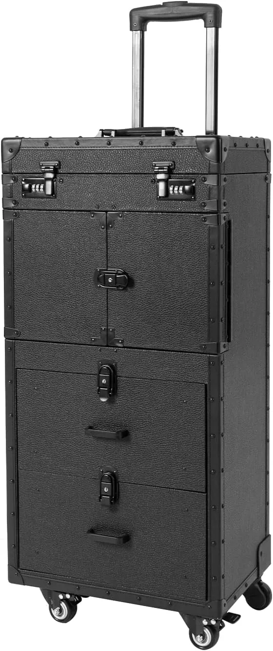 Professional Rolling Makeup Train Case Large Storage Cosmetic Hairdressing Trolley Cosmetology Train Case Lockable Beauty Salon Cosmetic Luggage Organizer Tool Box (Black)