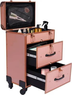 Professional Rolling Makeup Train Case with 4 Universal Wheels & Drawers Large Cosmetic Trolley with Locks, Rolling Nail Case for Nail Tech Organizer Cosmetology Case Gold