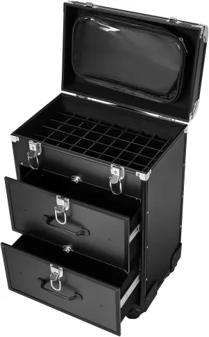 Professional Rolling Makeup Train Case with Drawers, Cosmetology Case on Wheels, Large Cosmetic Trolley with Locks, Aluminum Cosmetic Trolley Travelling Cart Trunk with Swivel Wheels (Black)
