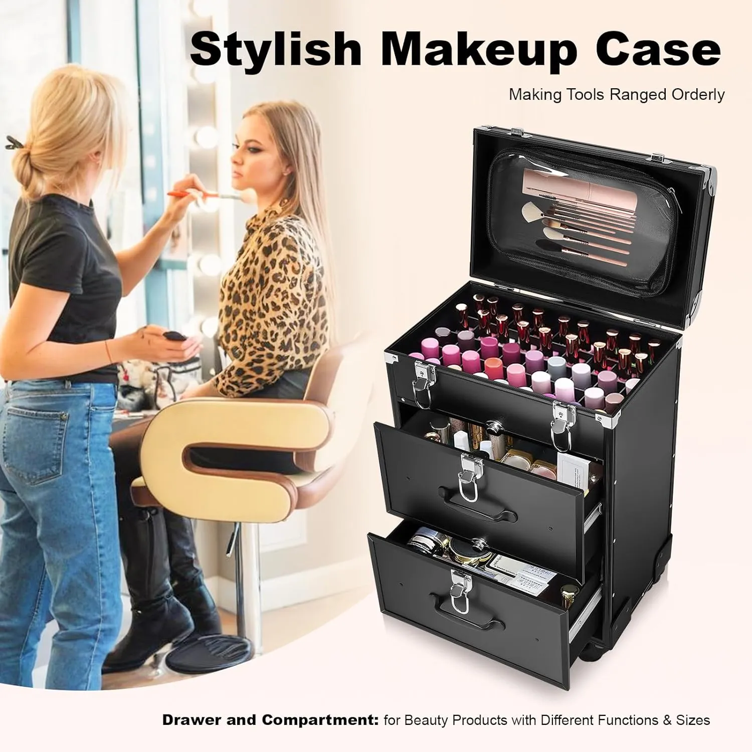 Professional Rolling Makeup Train Case with Drawers, Cosmetology Case on Wheels, Large Cosmetic Trolley with Locks, Aluminum Cosmetic Trolley Travelling Cart Trunk with Swivel Wheels (Black)