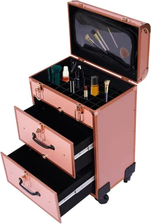 Professional Rolling Makeup Train Case with Drawers, Cosmetology Case on Wheels, Large Cosmetic Trolley with Locks, Aluminum Cosmetic Trolley Travelling Cart Trunk with Swivel Wheels (Rose Gold)