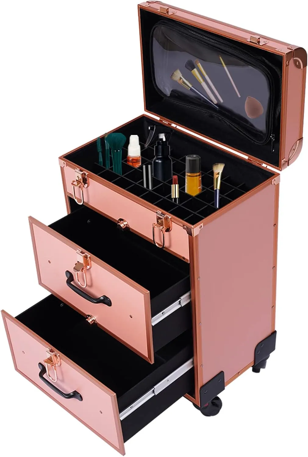 Professional Rolling Makeup Train Case with Drawers, Cosmetology Case on Wheels, Large Cosmetic Trolley with Locks, Aluminum Cosmetic Trolley Travelling Cart Trunk with Swivel Wheels (Rose Gold)