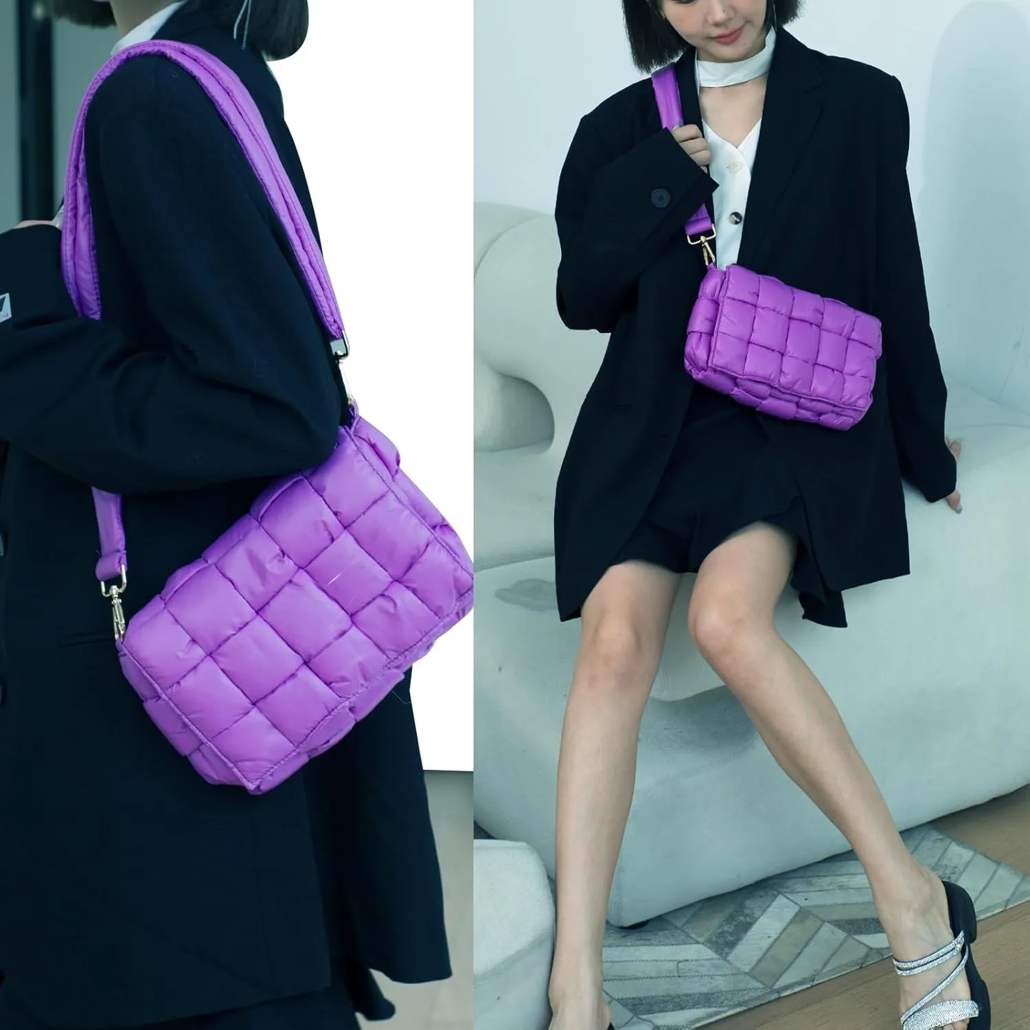 Puffer Woven Crossbody Bag Purse Handbags for Women, Quilted Hobo Carryall Bag Shoulder Bags with Adjustable Strap