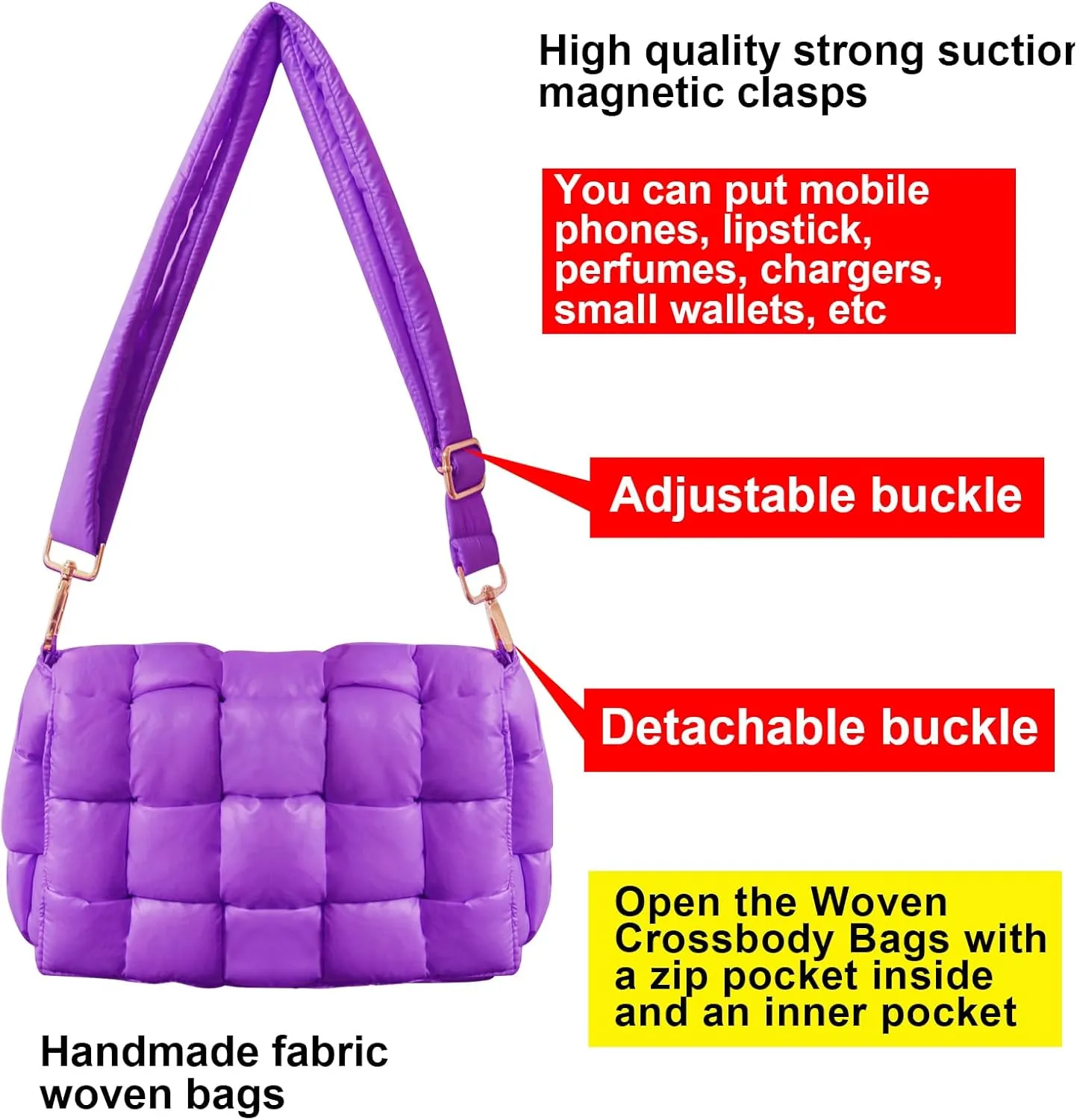Puffer Woven Crossbody Bag Purse Handbags for Women, Quilted Hobo Carryall Bag Shoulder Bags with Adjustable Strap