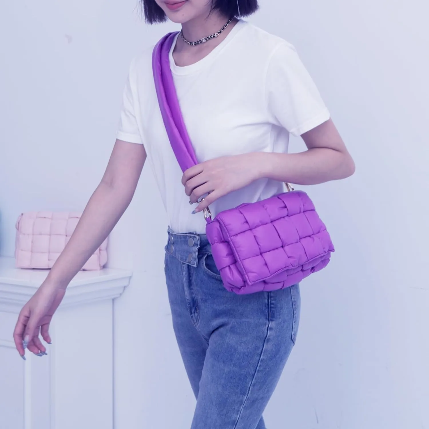 Puffer Woven Crossbody Bag Purse Handbags for Women, Quilted Hobo Carryall Bag Shoulder Bags with Adjustable Strap