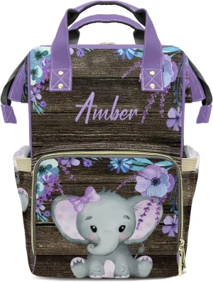 Purple Elephant Diaper Bags with Name Personalized Baby Bag Travel Tote Bag Waterproof Backpack for Mom Gift
