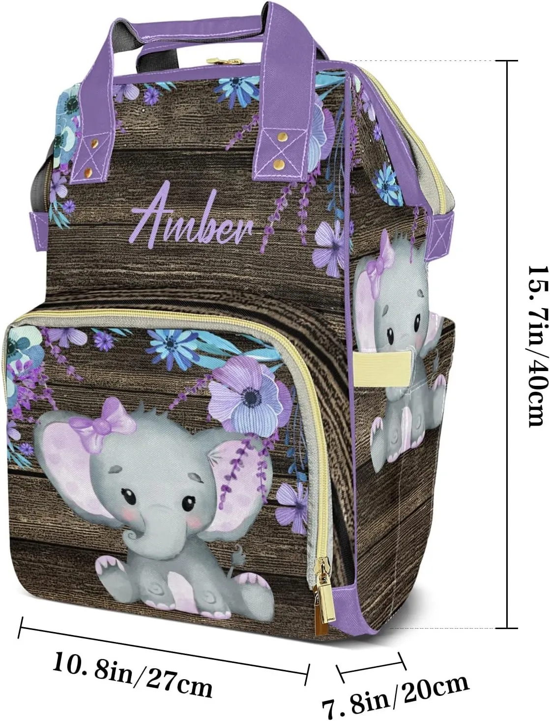 Purple Elephant Diaper Bags with Name Personalized Baby Bag Travel Tote Bag Waterproof Backpack for Mom Gift