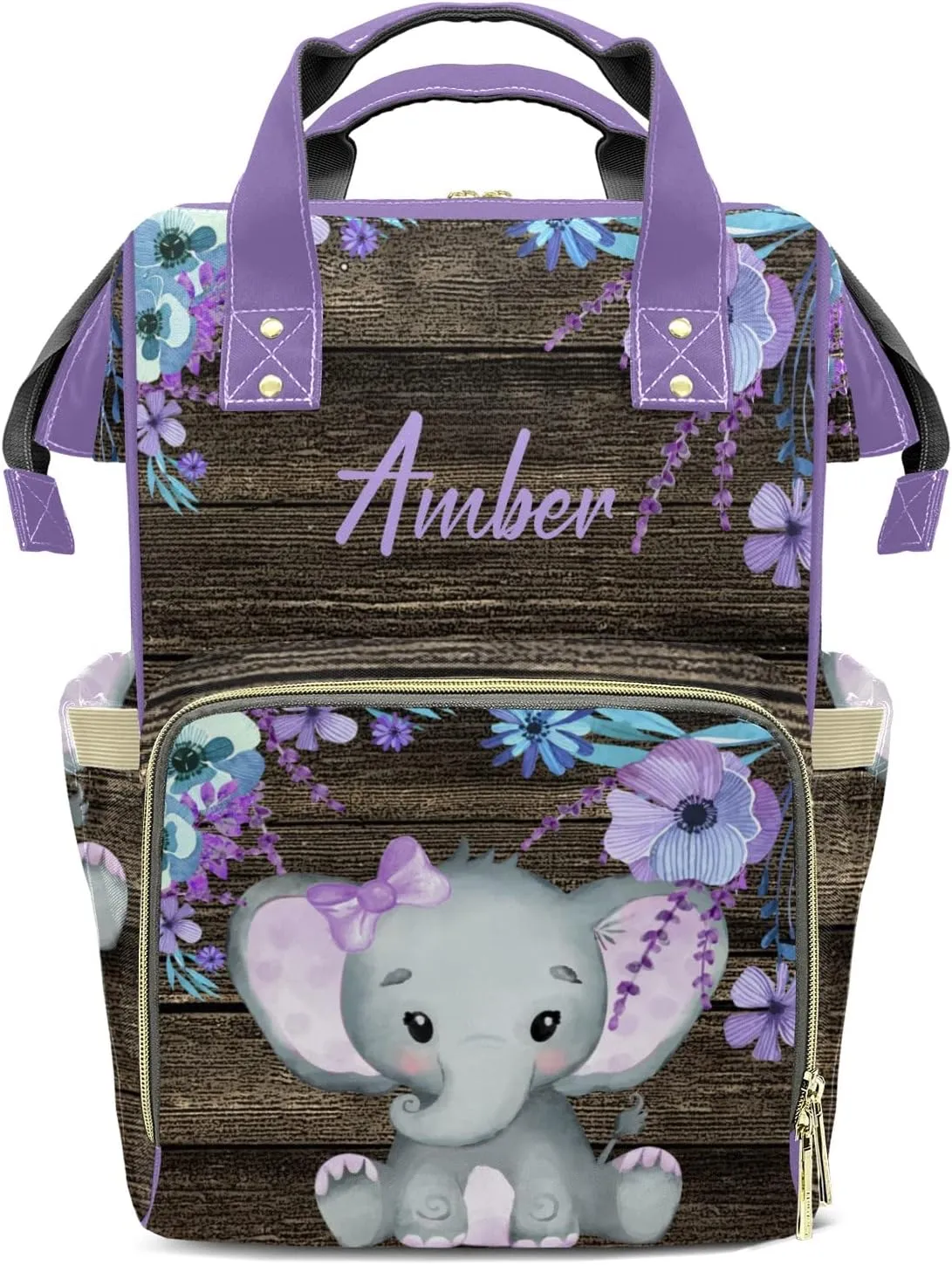 Purple Elephant Diaper Bags with Name Personalized Baby Bag Travel Tote Bag Waterproof Backpack for Mom Gift