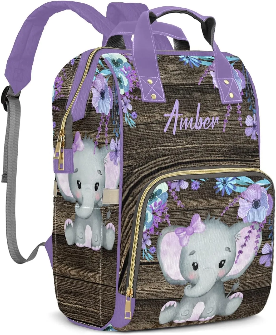 Purple Elephant Diaper Bags with Name Personalized Baby Bag Travel Tote Bag Waterproof Backpack for Mom Gift