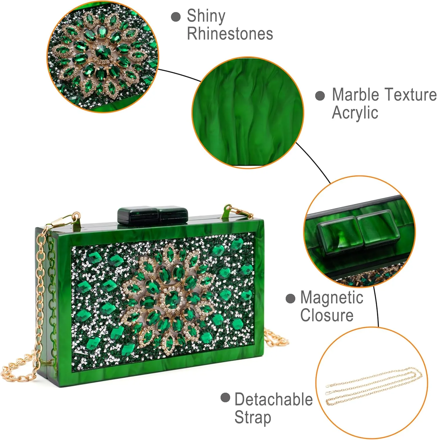 Purse for Women Rhinestones Clutch Bag Acrylic Evening Bag for Wedding Party Shoulder Crossbody Bag with Chain Strap