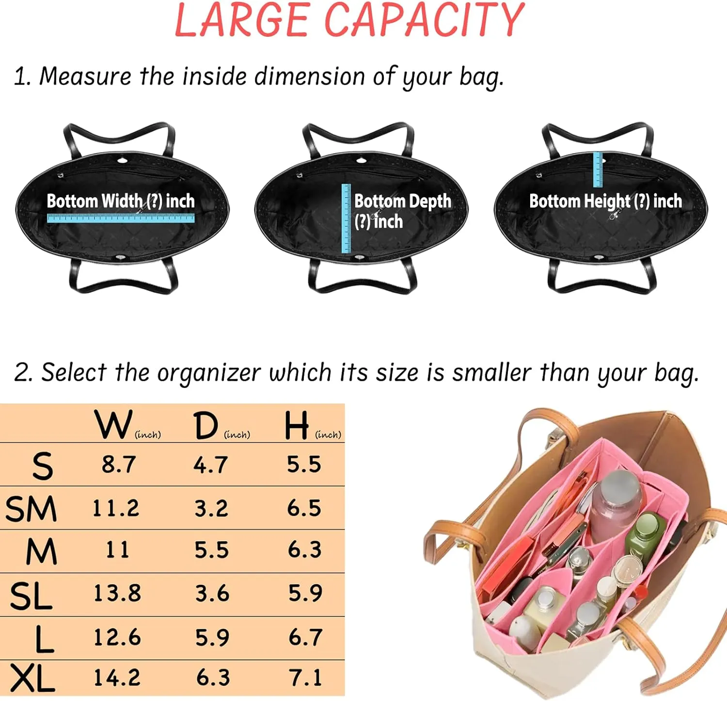 Purse Organizer Insert - Felt Bag Organizer for Tote & Handbag - 14 Pockets - Pink - Large