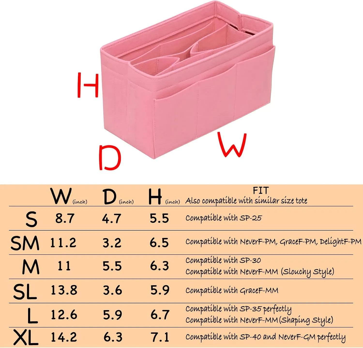 Purse Organizer Insert - Felt Bag Organizer for Tote & Handbag - 14 Pockets - Pink - Large