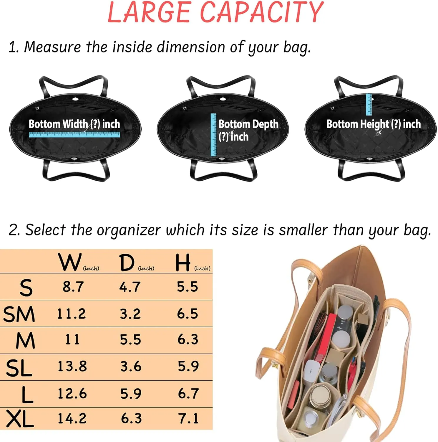 Purse Organizer Insert Felt Bag Organizer Handbag Organizer Insert Bag In Bag Organizer for Tote Purse Bag 14 Pockets Beige Slender Medium