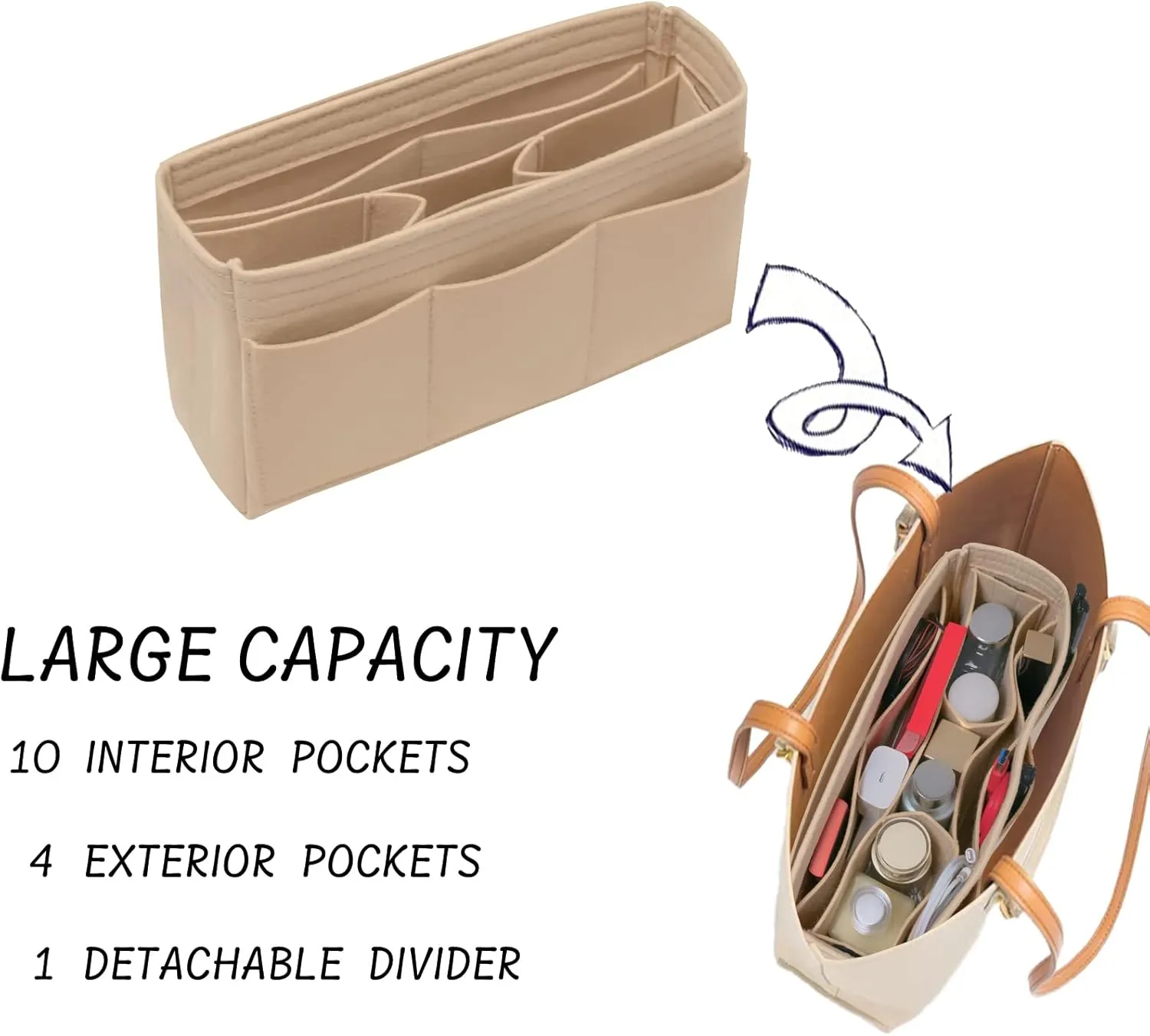 Purse Organizer Insert Felt Bag Organizer Handbag Organizer Insert Bag In Bag Organizer for Tote Purse Bag 14 Pockets Beige Slender Medium