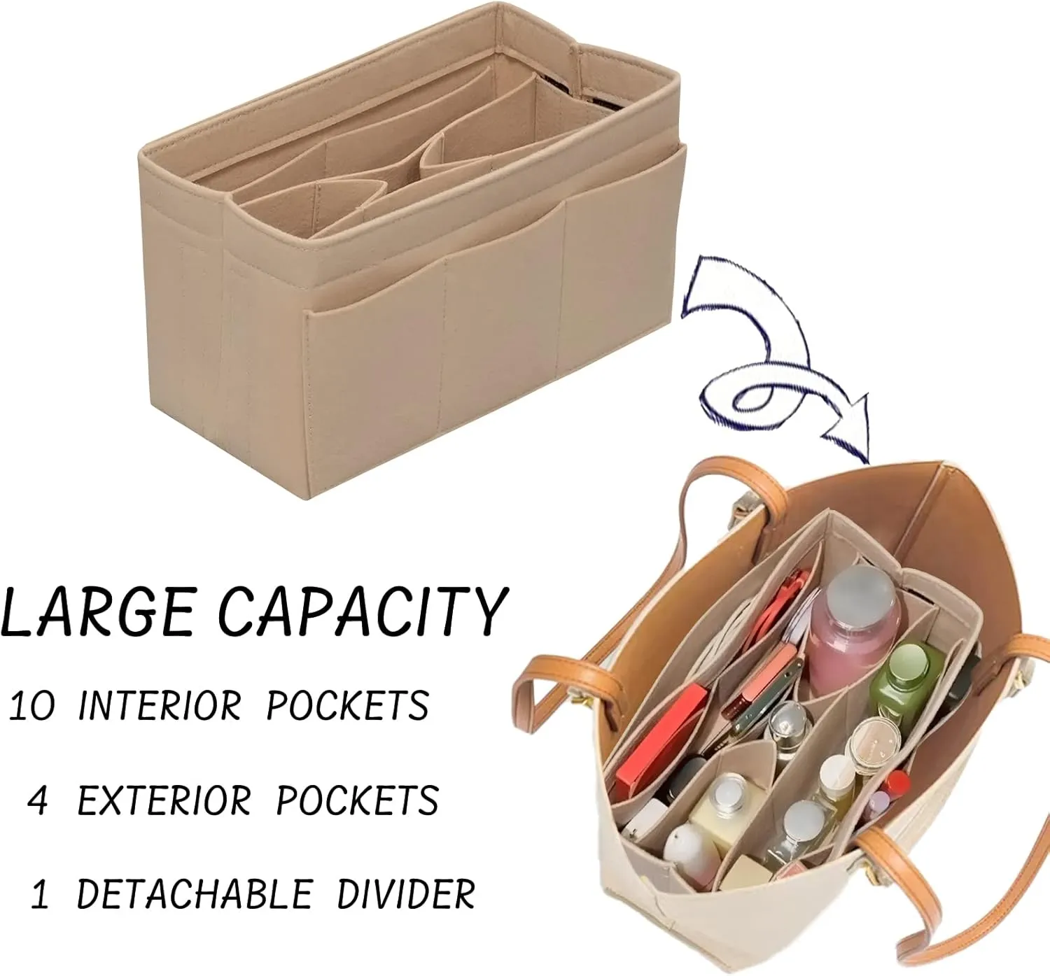 Purse Organizer Insert Felt Bag Organizer Handbag Organizer Insert Bag In Bag Organizer for Tote Purse Bag 14 Pockets Beige Small