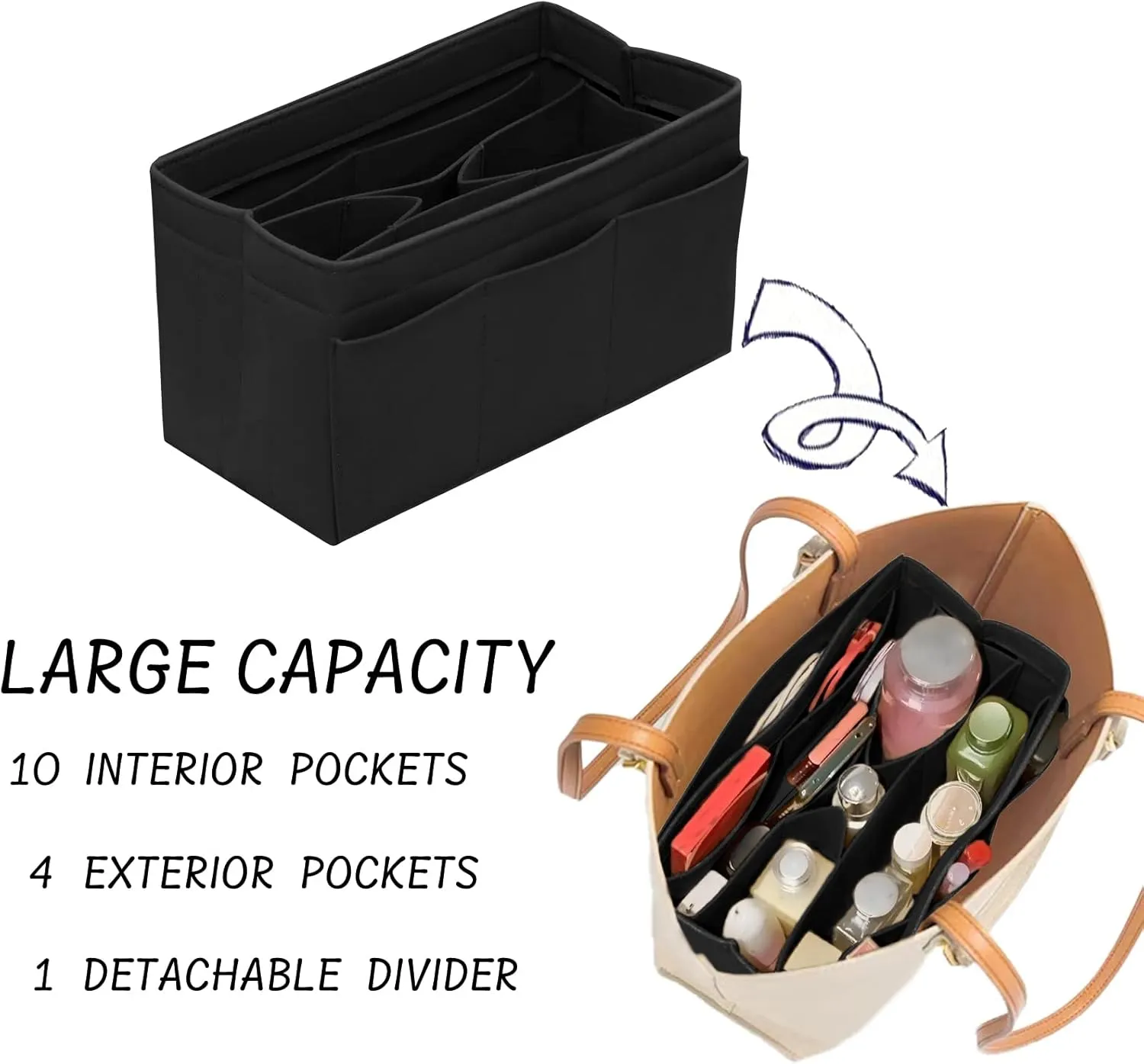 Purse Organizer Insert Felt Bag Organizer Handbag Organizer Insert Bag In Bag Organizer for Tote Purse Bag 14 Pockets Black Large