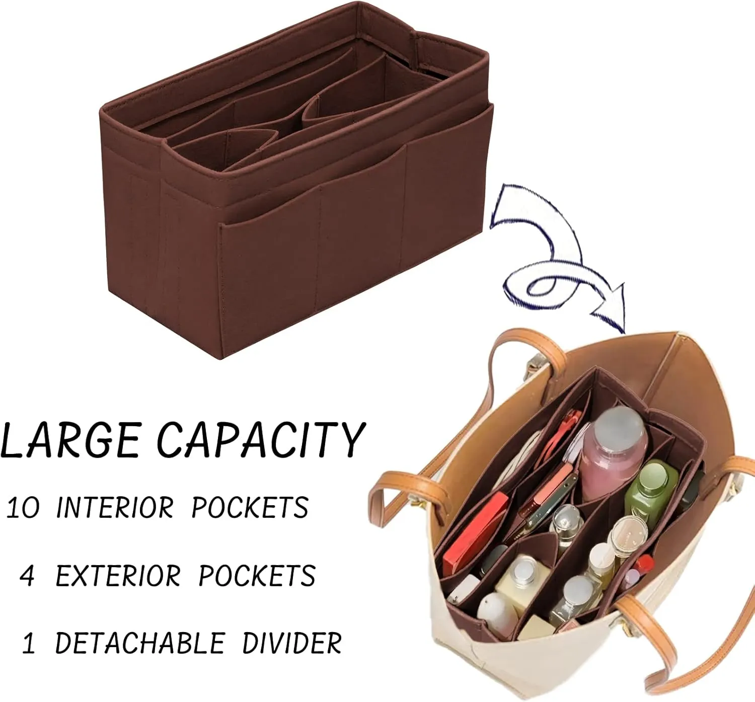 Purse Organizer Insert Felt Bag Organizer Handbag Organizer Insert Bag In Bag Organizer for Tote Purse Bag 14 Pockets Brown Large