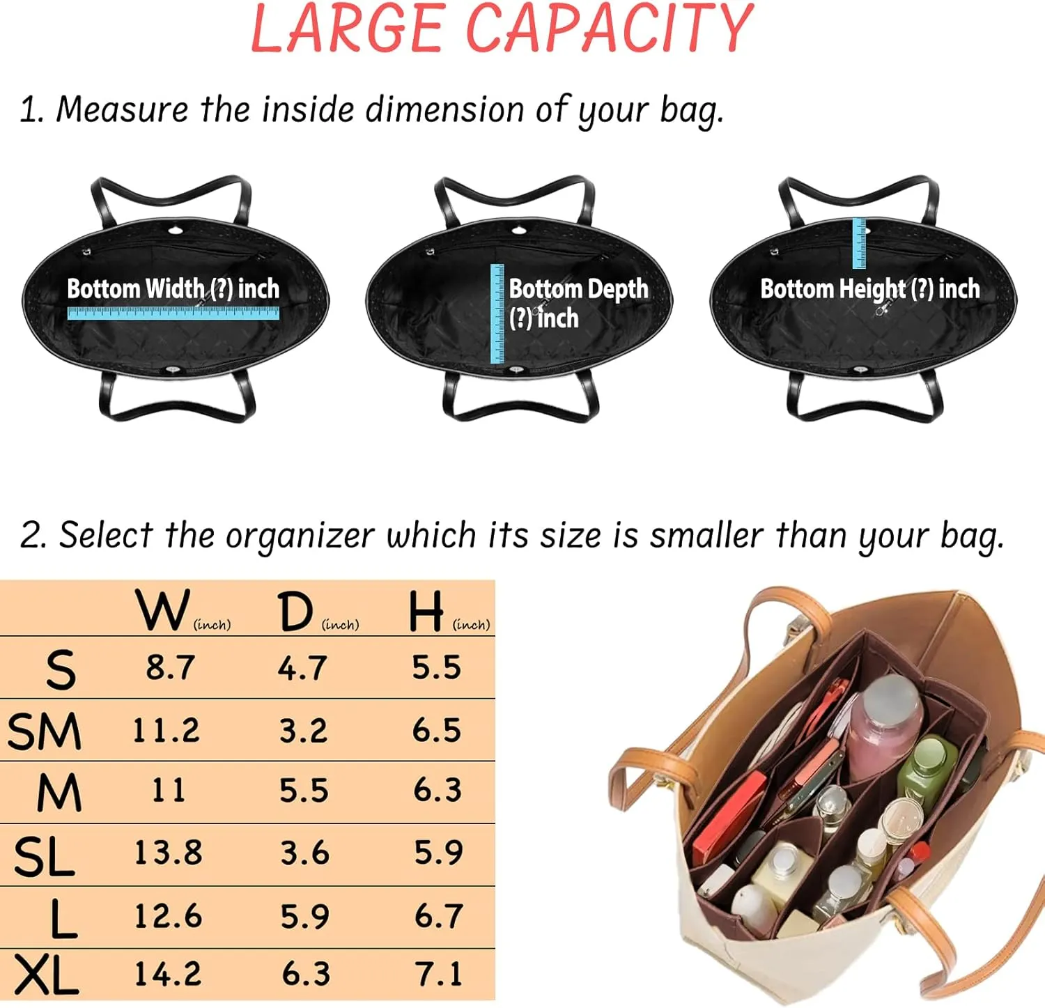 Purse Organizer Insert Felt Bag Organizer Handbag Organizer Insert Bag In Bag Organizer for Tote Purse Bag 14 Pockets Brown Large