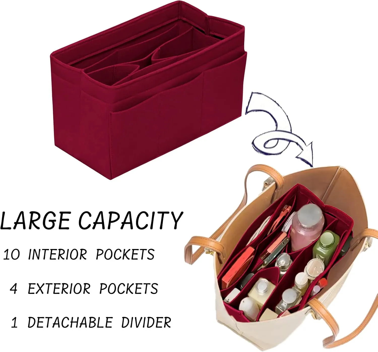Purse Organizer Insert Felt Bag Organizer Handbag Organizer Insert Bag In Bag Organizer for Tote Purse Bag 14 Pockets Dark Red Medium