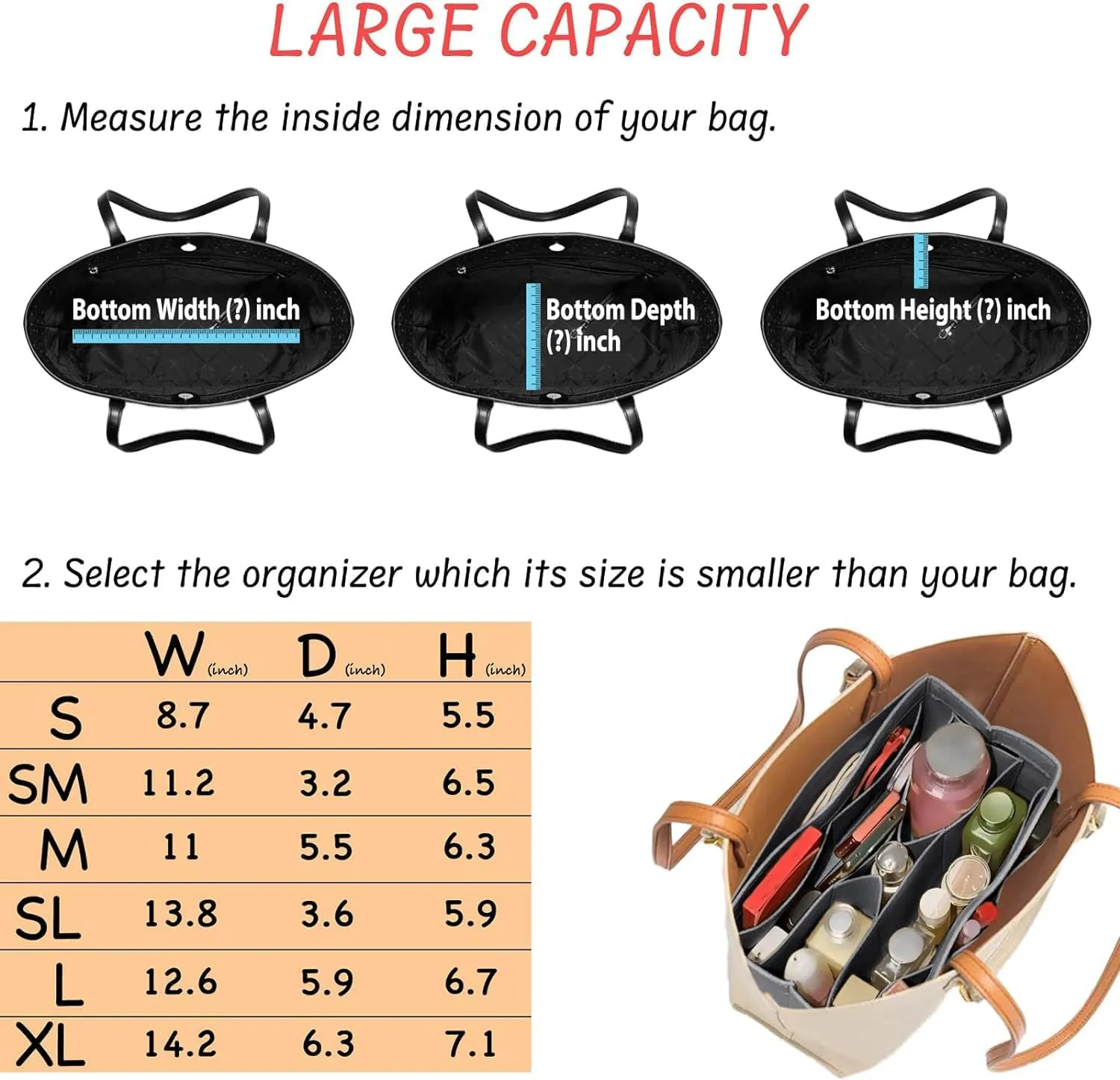 Purse Organizer Insert Felt Bag Organizer Handbag Organizer Insert Bag In Bag Organizer for Tote Purse Bag 14 Pockets Grey X-Large