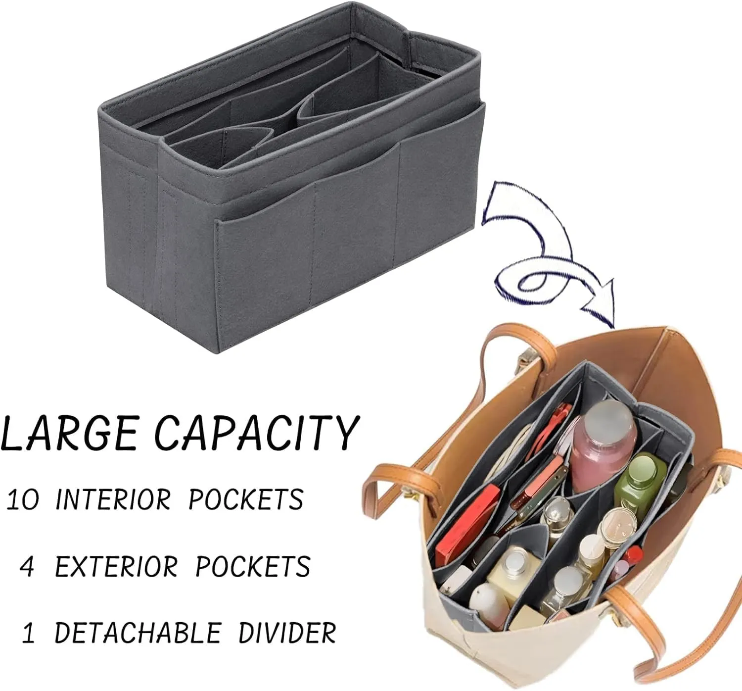 Purse Organizer Insert Felt Bag Organizer Handbag Organizer Insert Bag In Bag Organizer for Tote Purse Bag 14 Pockets Grey X-Large
