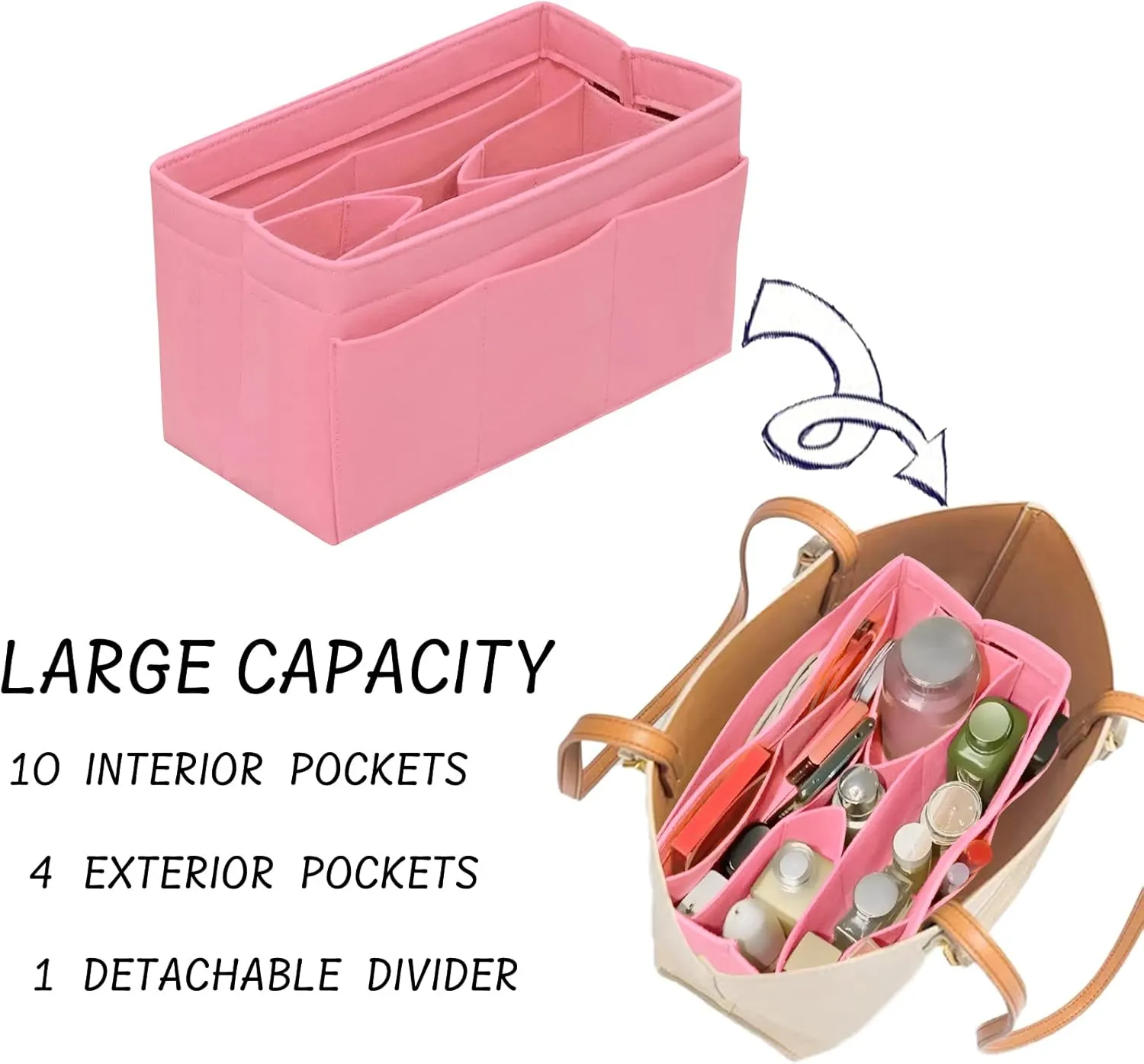 Purse Organizer Insert Felt Bag Organizer Handbag Organizer Insert Bag In Bag Organizer for Tote Purse Bag 14 Pockets Pink X-Large