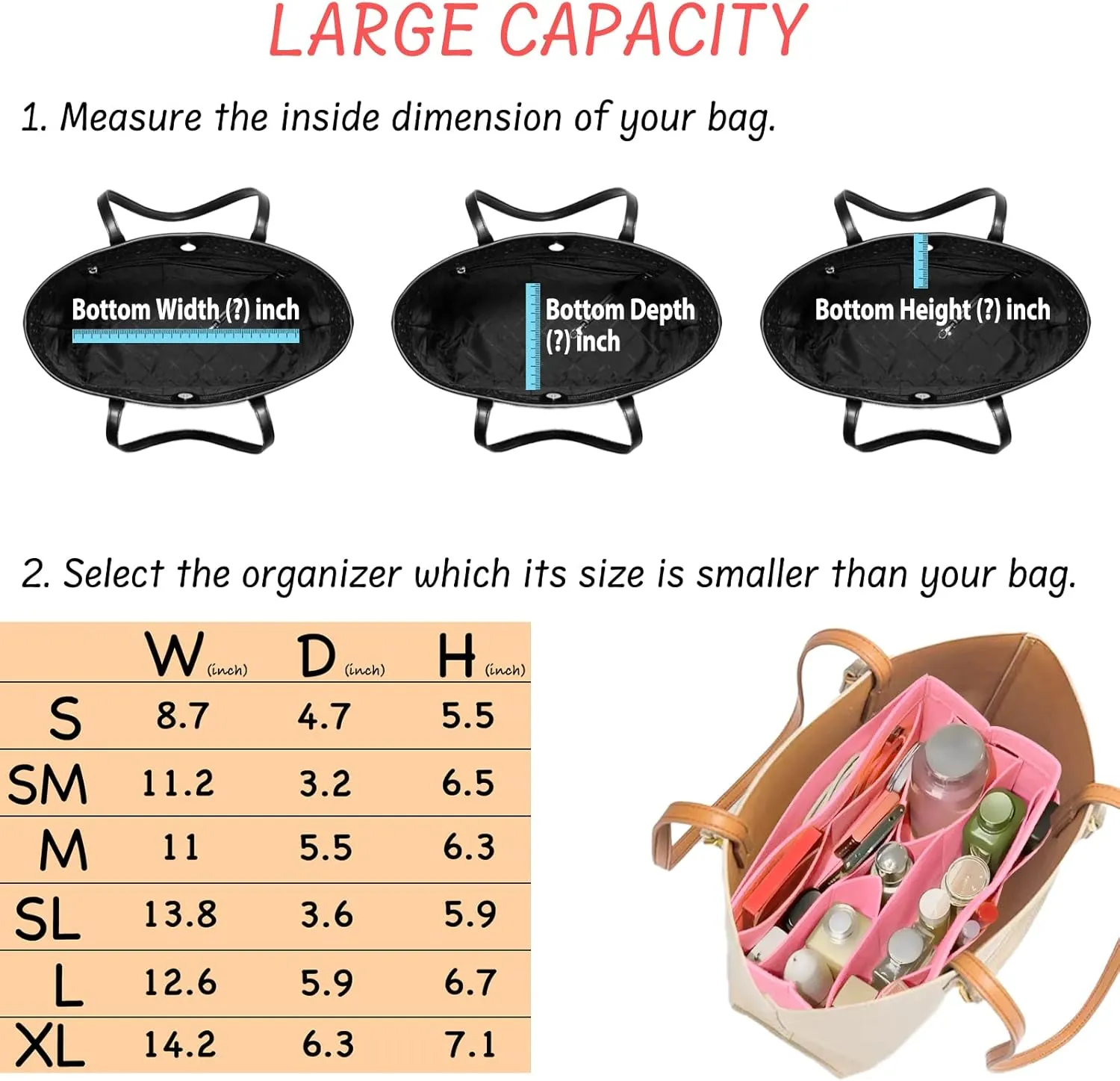 Purse Organizer Insert Felt Bag Organizer Handbag Organizer Insert Bag In Bag Organizer for Tote Purse Bag 14 Pockets Pink X-Large