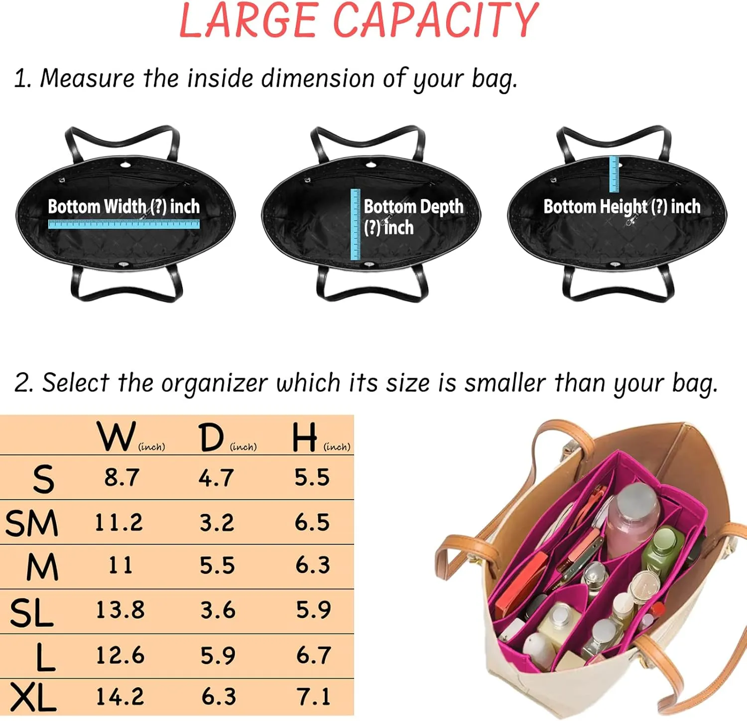 Purse Organizer Insert Felt Bag Organizer Handbag Organizer Insert Bag In Bag Organizer for Tote Purse Bag 14 Pockets Rose Large