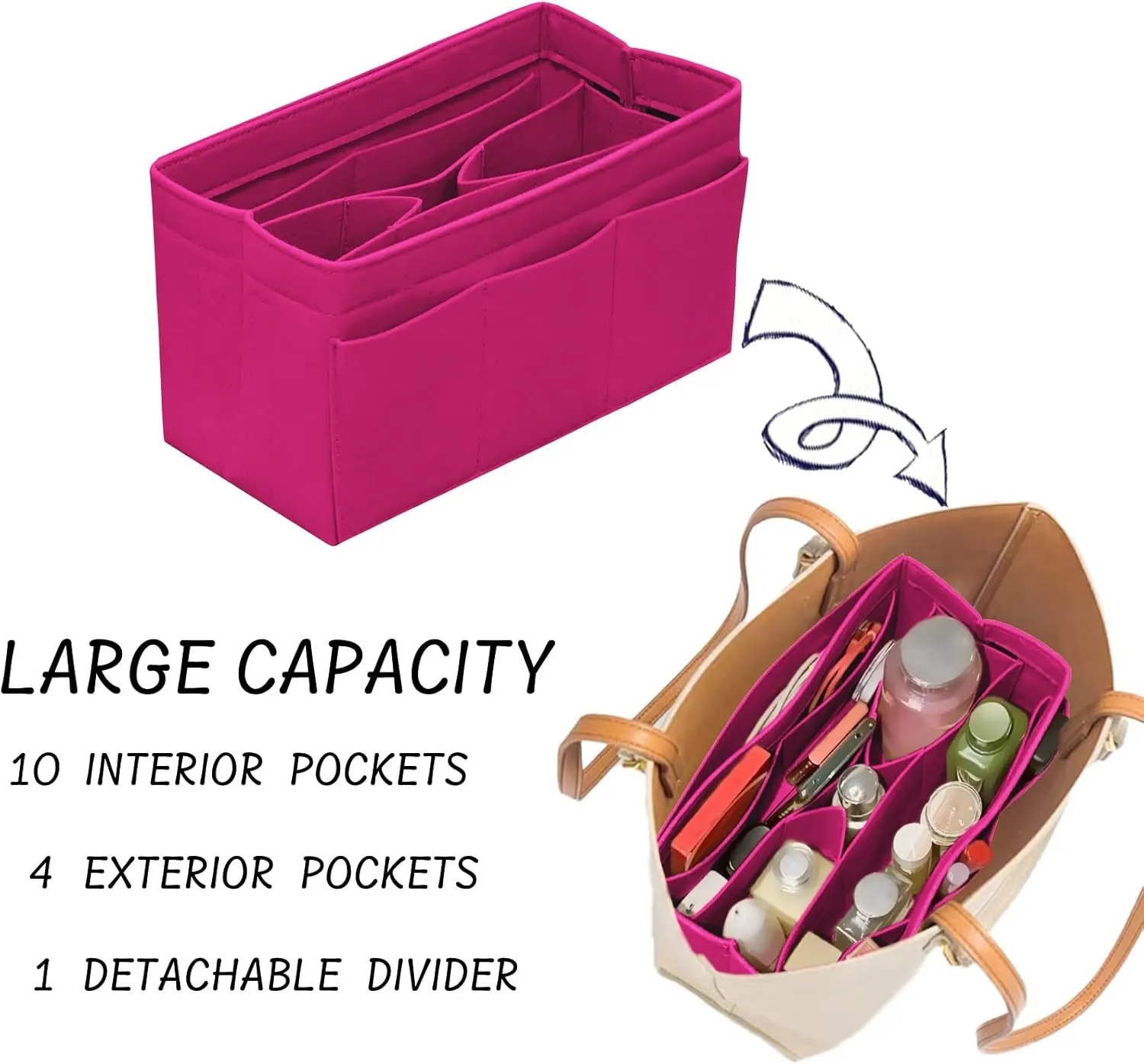 Purse Organizer Insert Felt Bag Organizer Handbag Organizer Insert Bag In Bag Organizer for Tote Purse Bag 14 Pockets Rose Large