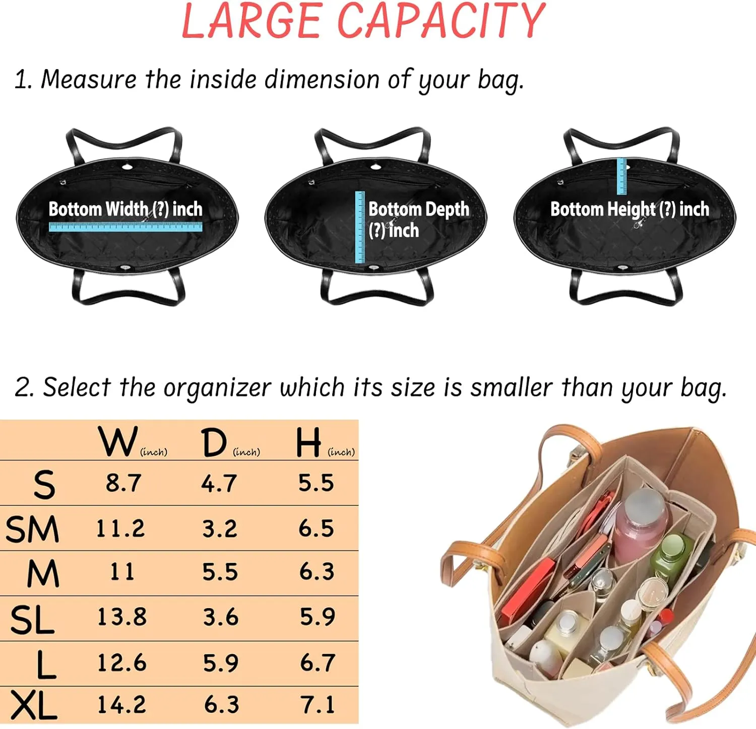 Purse Organizer Insert Felt Bag Organizer Handbag Organizer Insert for Tote fits LV Speedy Neverfull (Large, Beige)