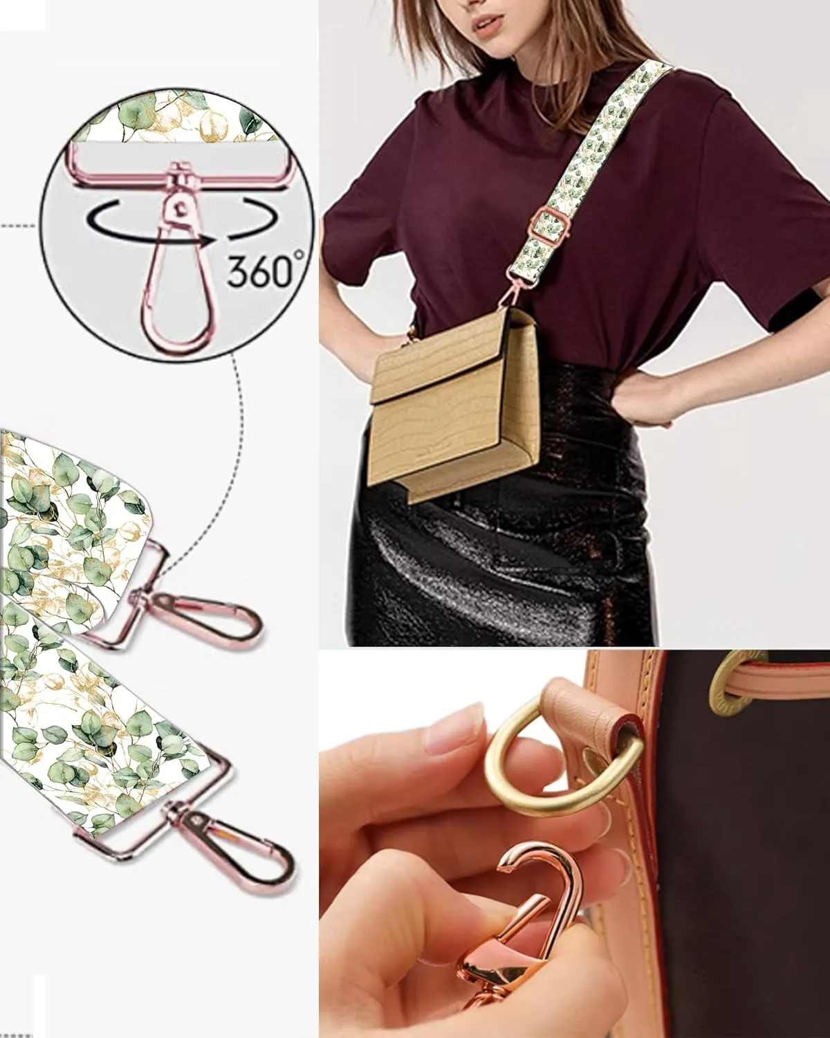 Purse Straps Rose Gold Buckles Wide Shoulder Strap,Fashion Adjustable Replacement Belt for Crossbody Canvas Bag Handbag(Watercolor green gold leaf floral)