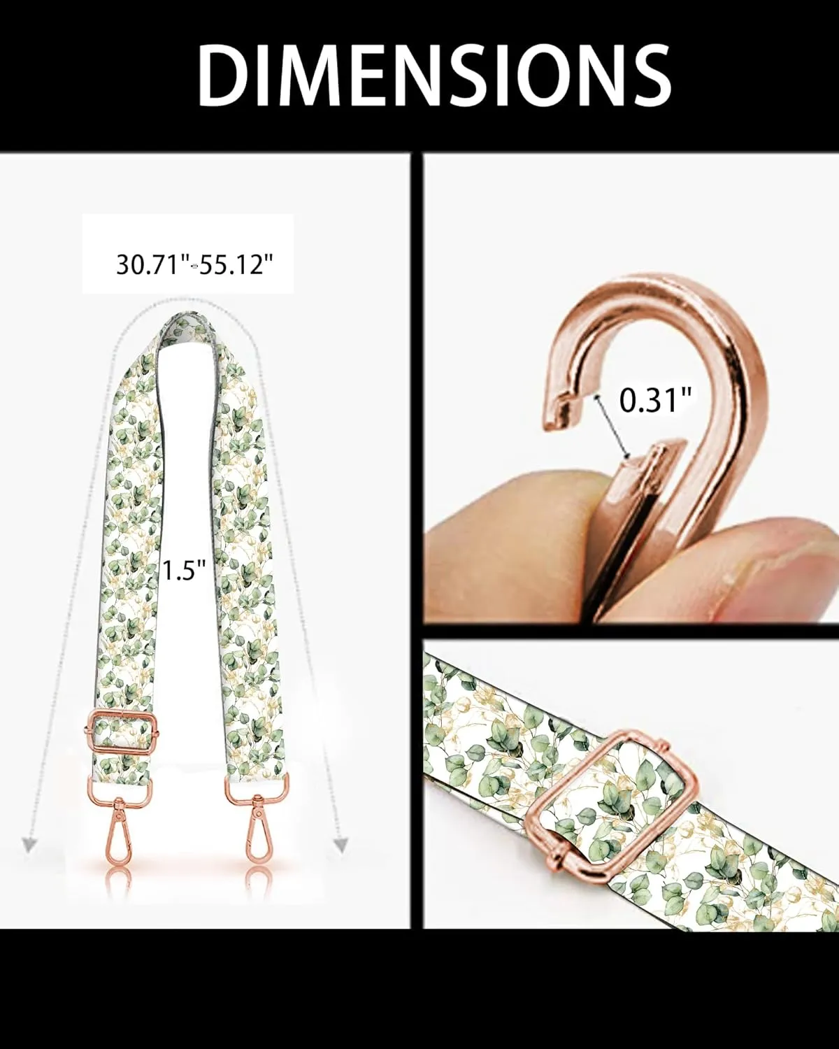 Purse Straps Rose Gold Buckles Wide Shoulder Strap,Fashion Adjustable Replacement Belt for Crossbody Canvas Bag Handbag(Watercolor green gold leaf floral)