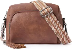 Purses for Women, Crossbody Shoulder Bag with Tassel, Brown Leather, Decorative Woven Strap