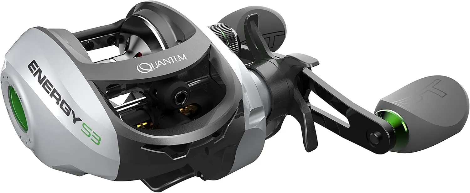 Quantum Energy S3 Baitcast Fishing Reel, Size 100 Reel, Continuous Anti-Reverse Clutch, Large EVA Handle Knobs, Silver/Black