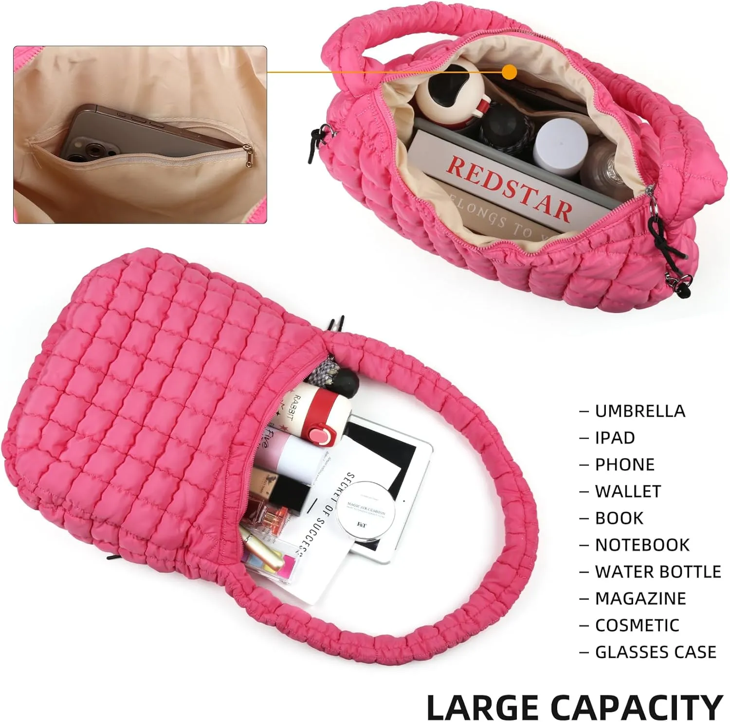 Quilted Puffer Tote Bag for Women Soft Puffy Large Hobo Crossbody Handbags Purse Lightweight Shoulder Bag