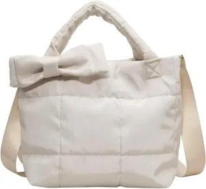 Quilted Puffer Tote with Bow Accent & Adjustable Strap Medium PaddCrossbody Bag Soft Puffy Hobo Handbags Puff Purse for Women