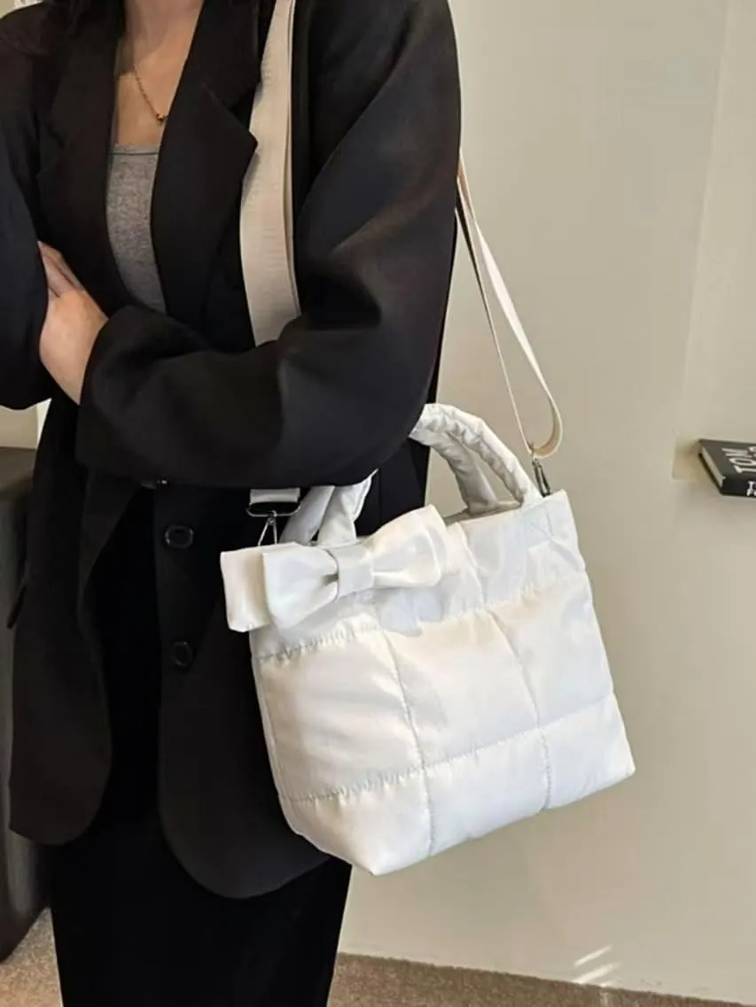 Quilted Puffer Tote with Bow Accent & Adjustable Strap Medium PaddCrossbody Bag Soft Puffy Hobo Handbags Puff Purse for Women