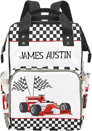 Race Car Checkered Personalized Diaper Bag Backpack Tote with Name Diaper Backpack Travel Daypack for Mom Dad Baby Bag Gift