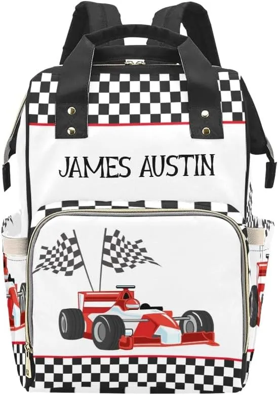 Race Car Checkered Personalized Diaper Bag Backpack Tote with Name Diaper Backpack Travel Daypack for Mom Dad Baby Bag Gift