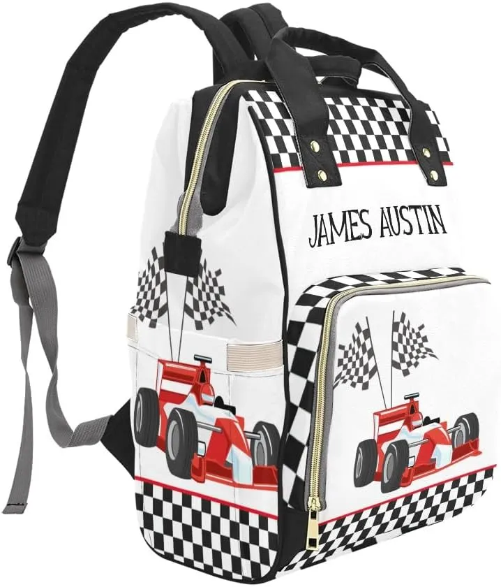 Race Car Checkered Personalized Diaper Bag Backpack Tote with Name Diaper Backpack Travel Daypack for Mom Dad Baby Bag Gift