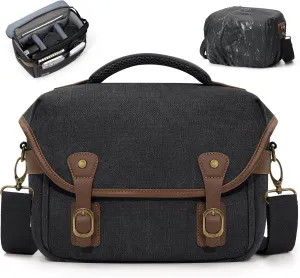 RAINSMORE Canvas Camera Bag, DSLR/SLR/Mirrorless Small Camera Sling Bags Cross-body Camera Case, Compact Shoulder Bag for Photographers with Rain Cover Vintage Sling Bags for Men and Women, Black