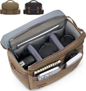 RAINSMORE Canvas Camera Bag, DSLR/SLR/Mirrorless Small Camera Sling Bags Cross-body Camera Case, Compact Shoulder Bag for Photographers with Rain Cover Vintage Sling Bags for Men and Women, Khaki