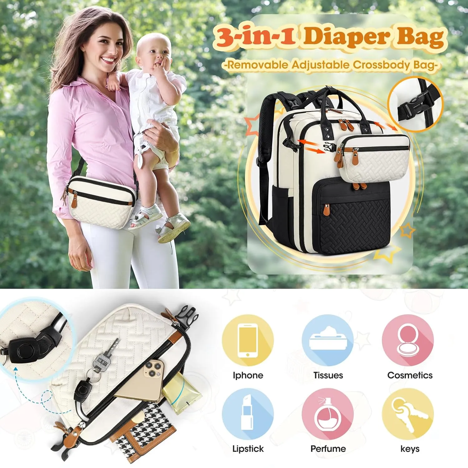 RAINSMORE Diaper Bag Backpack, Large Waterproof Baby Bag with Changing Pad, Detachable Crossbody Bag & Stroller Straps Travel Diaper Backpack for Moms Dads Unisex Baby Essentials Organizer