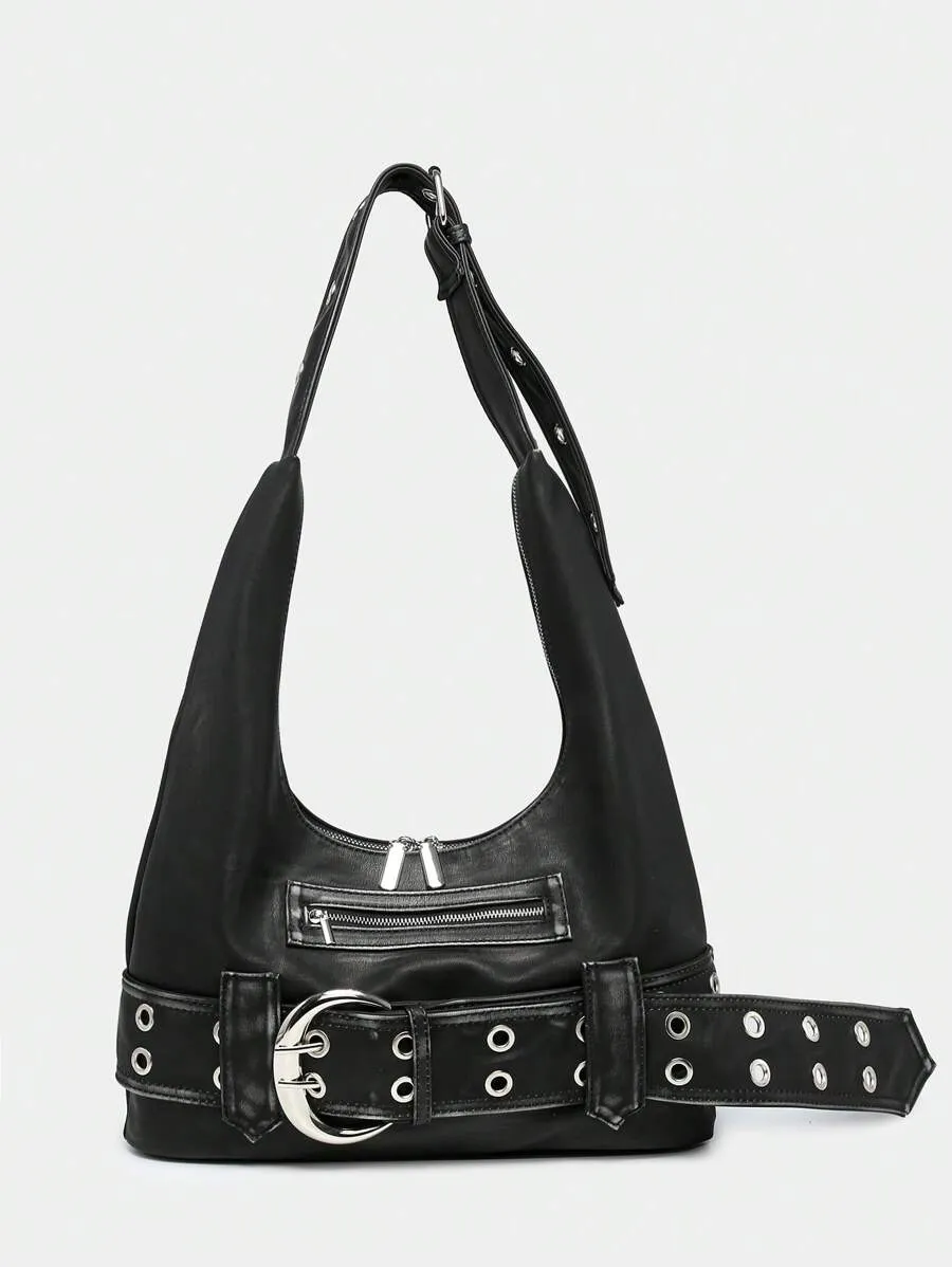 Rebel Luxe Distressed Buckle Hobo Bag